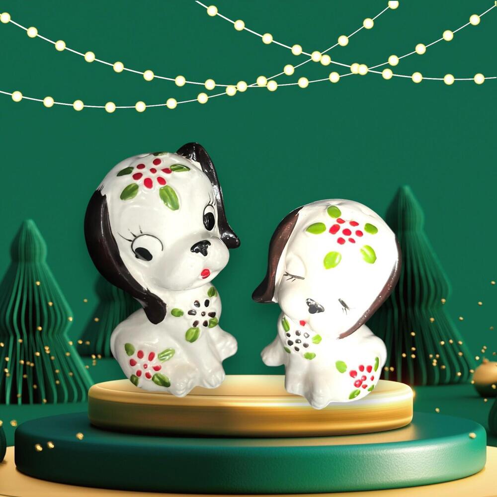 Vintage Puppy Dog Salt & Pepper Shakers With Painted Flowers Made In Japan